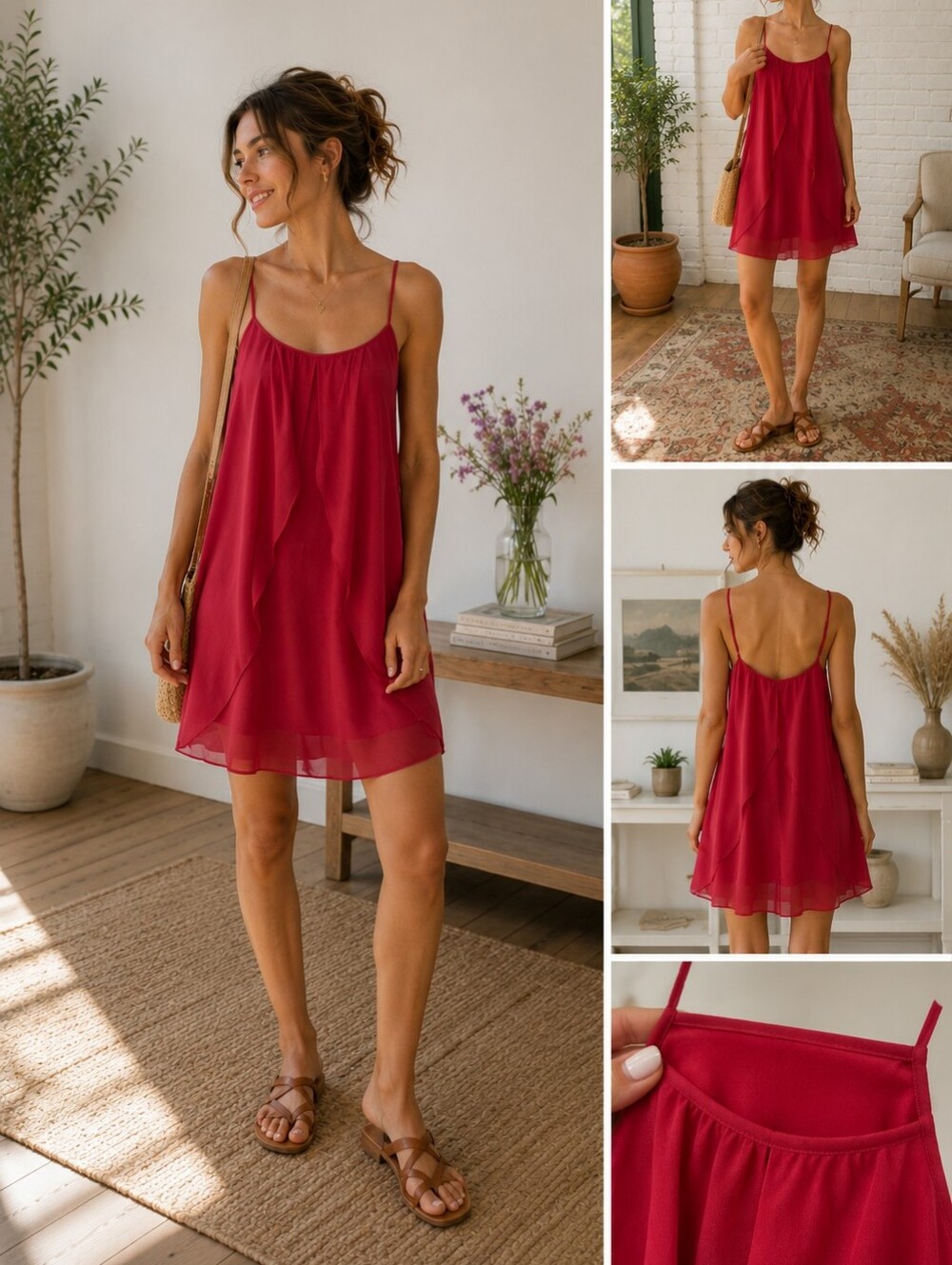 Spaghetti Strap Size M Coral Flowy Medium Summer Dress Boho Chiffon